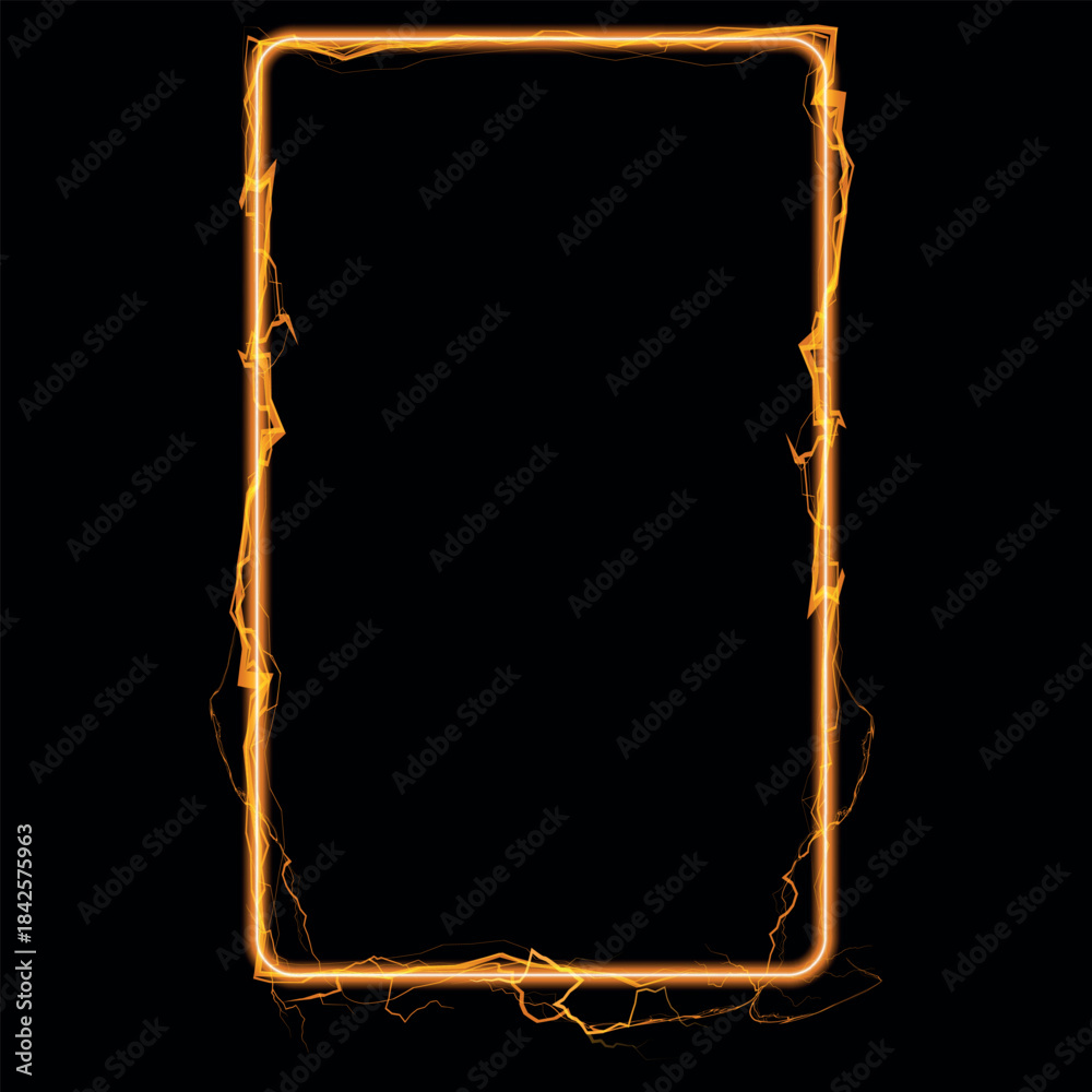 Obraz premium Abstract rectangular vertical frame with a glowing line and golden lightning bolts.