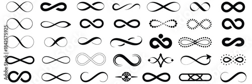 Infinity Symbols Collection with Black Infinity Vector Illustrations on White Background, Ideal for Logo Design, Branding, Mathematical Representation, and Creative Styles from Classic to Artistic Con