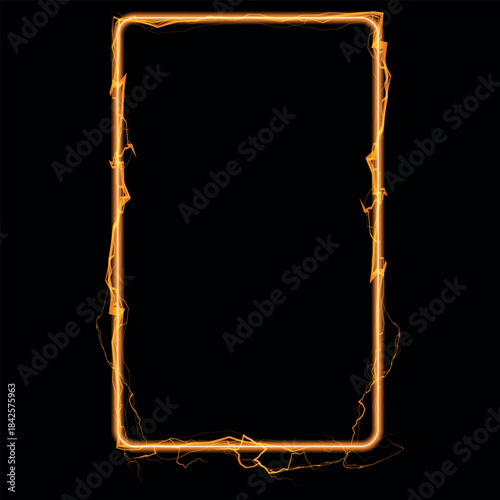 Abstract rectangular vertical frame with a glowing line and golden lightning bolts.