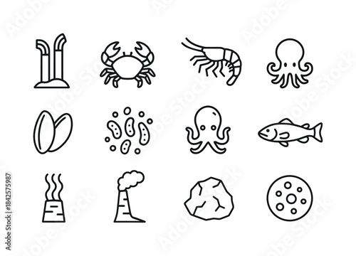 Hydrothermal Vent Icons. Aquatic creatures in extreme environmen