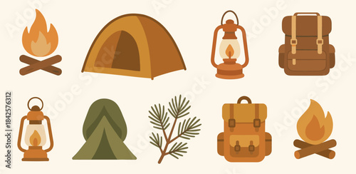 Camping elements illustrated in warm outdoor style. Includes campfires, tents, lanterns, backpacks, pine branches, and camping gear