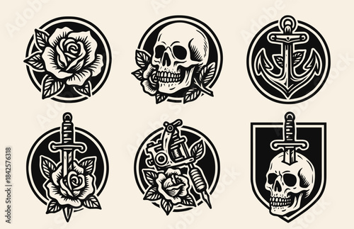 Tattoo badges bold collection with strong graphic motifs and traditional tattoo themes. Highlights roses, skulls, anchors, daggers, machines