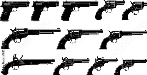 Handgun revolver silhouette set, firearm icon collection, pistol illustration, weapon shapes, gun design, black vector, shooting concept, tactical style