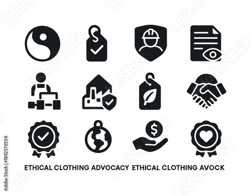 Ethical Fashion Icons. Ethical clothing advocacy. Solid icon set