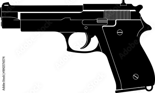 Handgun silhouette illustration, semi-automatic pistol profile, firearm vector design, black and white weapon, tactical gun shape, safety concept, side view