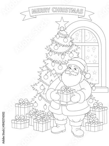 Christmas coloring page. Hand-painted Christmas card. Santa with presents under a Christmas tree near a window. Vector illustration.