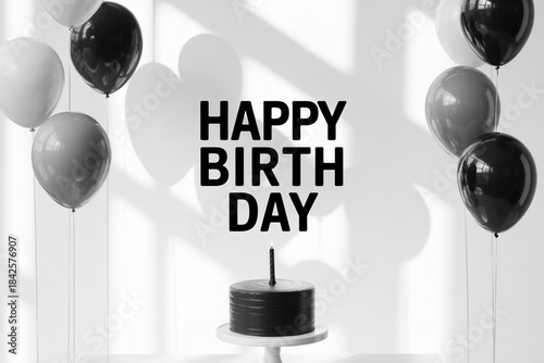 Monochromatic birthday celebration with elegant cake and balloons