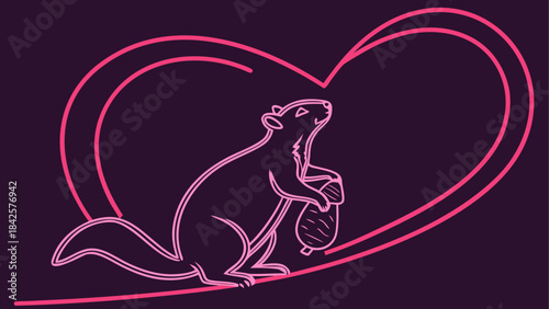 A squirrel holding an acorn framed within a vibrant neon pink heart outline