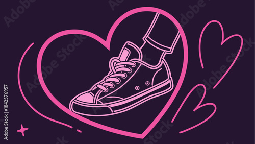 A stylish pink line art drawing of a sneaker and leg enclosed within a heart shape on a dark purple background.