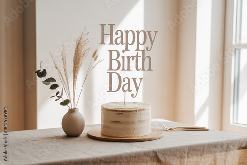 Semi-naked birthday cake with Happy Birthday sign on table with vase