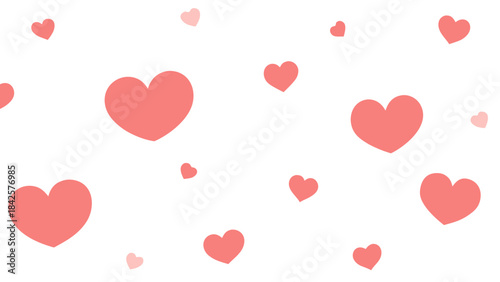 A simple pattern of pink heart shapes scattered across a white background