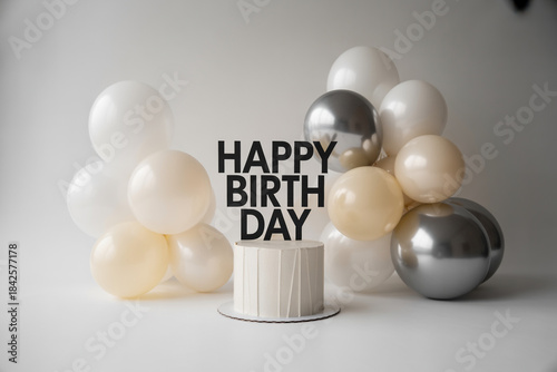 Happy birthday celebration with white cake and colorful balloons