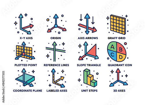 Colorful Coordinate Icons. Coordinate System. Colorful isometric