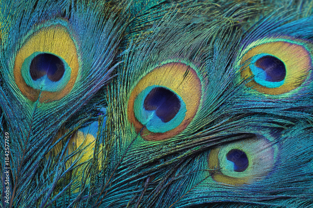 Fototapeta premium close up of iridescent peacock feathers displaying vibrant blues greens and gold