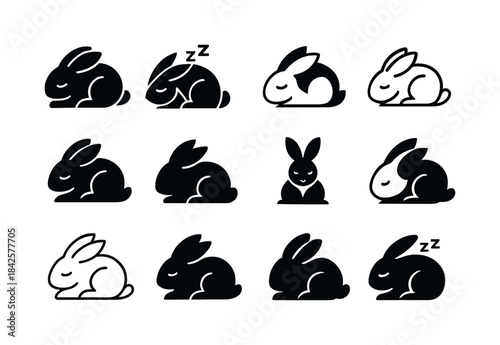 Dozing Rabbit Logos. Animal sleep. Icon set. Set Logo of Animal