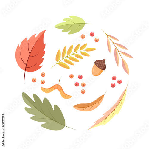 Autumn round design. Vector Illustration for printing, backgrounds, covers and packaging. Image can be used for greeting cards, posters, stickers and textile. Isolated on white background.
