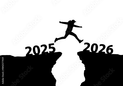 Silhouette of a person leaping across a chasm between the years 2025 and 2026, symbolizing a transition into the new year.
