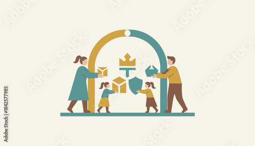 Families exchanging gifts and heirlooms symbolizing the merging of two families and their shared future.