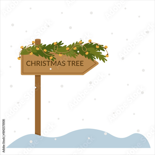 Christmas trees, wooden arrow pointer at the fair.