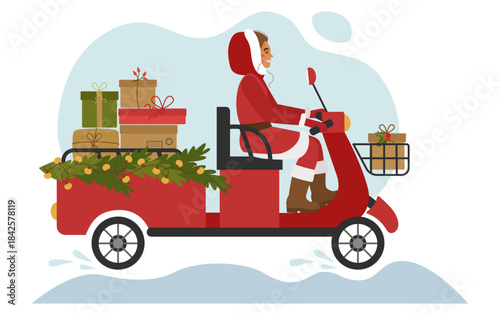 Mrs. Claus carries presents on a Christmas electric scooter with a red body.