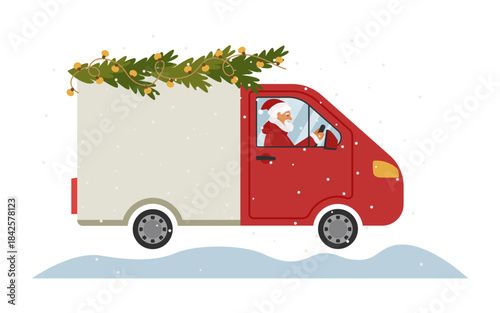 Santa carries gifts on a Christmas red truck.