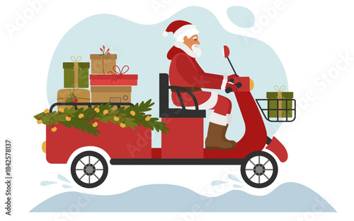 Santa carries gifts on a Christmas electric scooter with a red body.