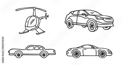 Set of transport retro car sedan crossover helicopter, hand drawn doodle, line art, monochrome, hand drawn