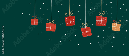 Hanging Christmas gift boxes with ribbons against a dark green background and snowflakes banner.