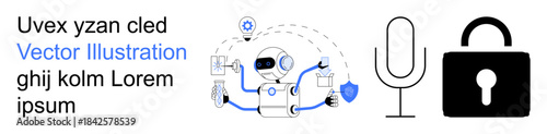 Artificial intelligence, digital security, voice recognition, data protection, automation technology, and robotic systems. A robot with icons, a microphone and a security lock. Artificial