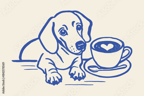 Dachshund with coffee cup cartoon sketch vector illustration