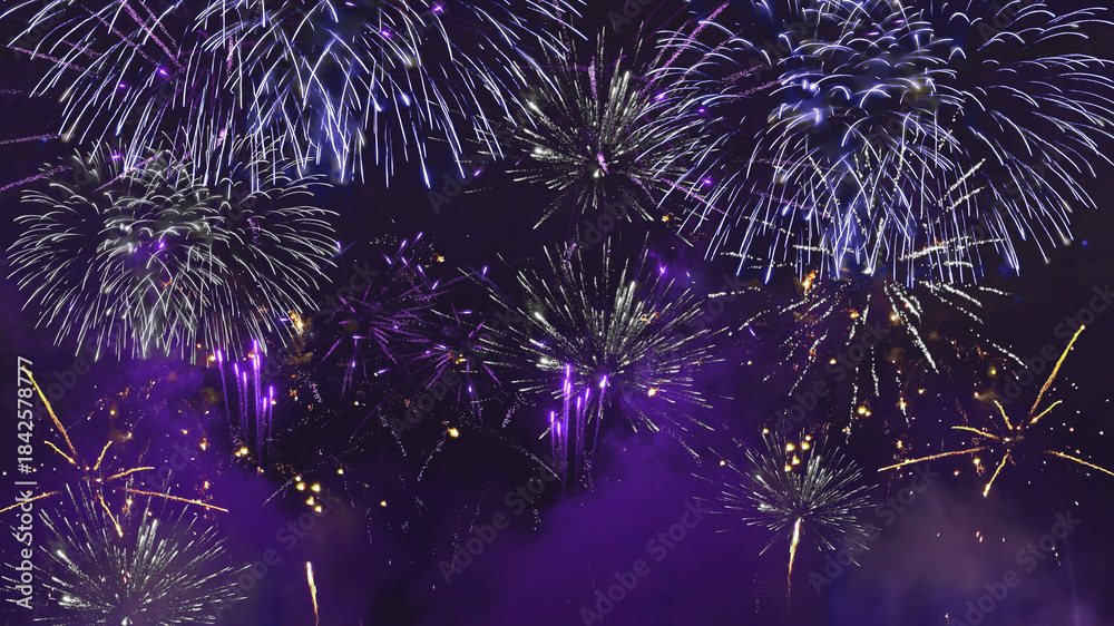 Naklejka premium Silvester 2026, new year, new year's eve, party, new years eve background banner panorama long- purple firework fireworks display on rustic dark night sky
