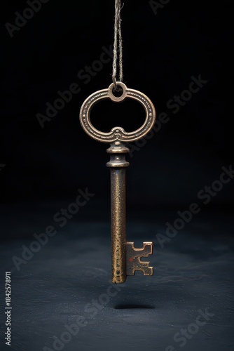 Vintage brass key hanging on a string.