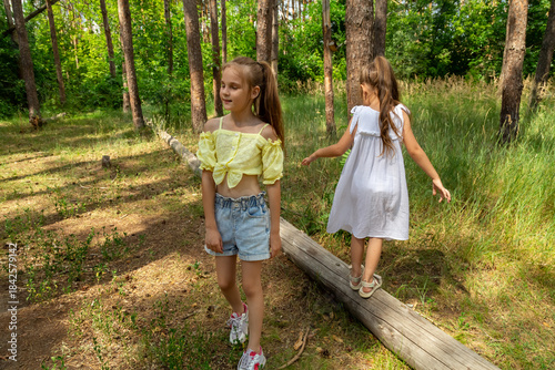 Children balancing standing on the log in forest
