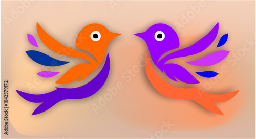 Two mirrored birds drift toward understanding, wings unfolding in warm gradients, symbolizing balance, curiosity, and silent conversation across a soft horizon.