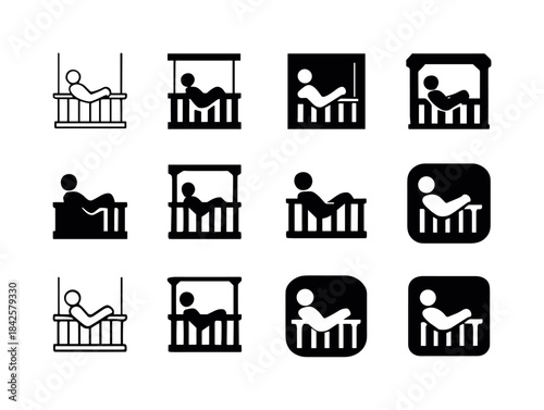 Porch Relaxation Icons. Relaxing on porch. Icon set. Set Logo of