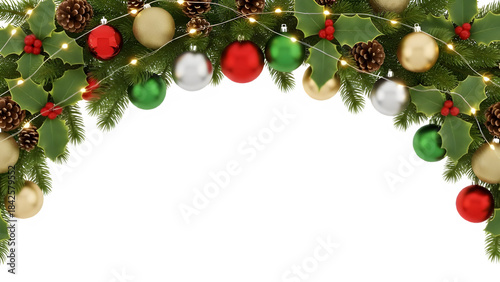 Christmas Decorations Border with Ornaments and Lights