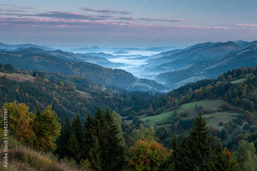 Obraz premium misty valley in autumn mountains at sunrise