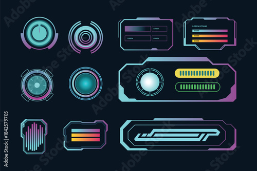 Futuristic Neon Gradient HUD Interface Elements Set – Cyberpunk Digital UI Panels, Tech Circles, Holographic Controls, and Sci-Fi Dashboard Graphics