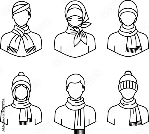 People wearing various headwear and scarves for warmth or style Vector