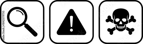 Search, warning, and danger vector icons for web design and apps. Vector
