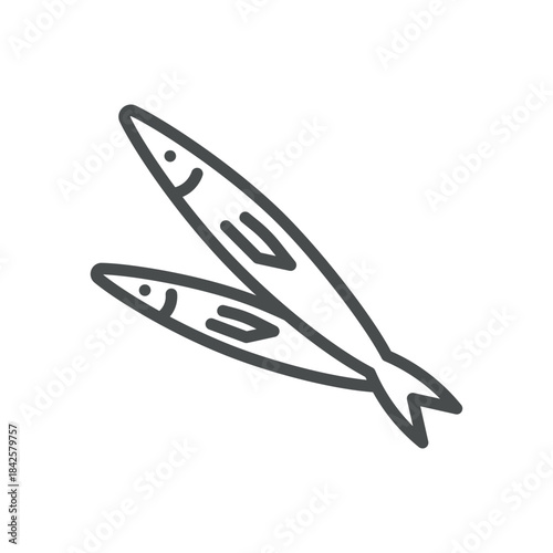Anchovy Fish Icon. Thin Line Illustration of Two Small Oily Fish Lying Together, Symbolizing Seafood, Mediterranean Cuisine and Omega 3 Rich Protein. Isolated Outline Vector Sign.
