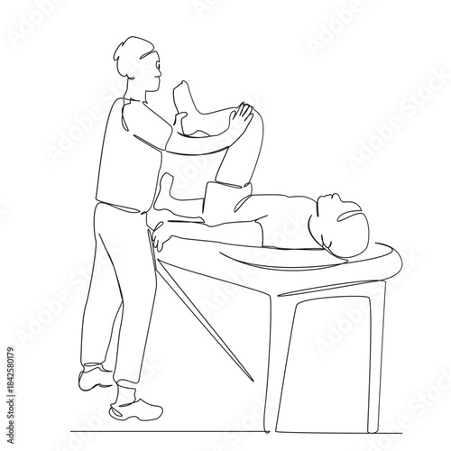 One continuous single drawing line art flat doodle physical therapy, patient, rehabilitation, therapy, clinic, manual. Isolated image hand draw contour on a white background, hand drawn, not AI