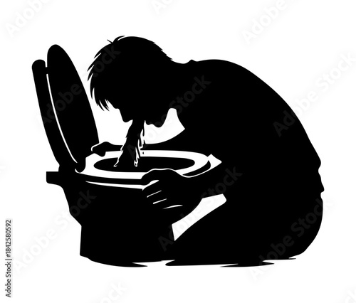 Black silhouette of person kneeling and vomiting into toilet. Perfect for health, illness, medical, hygiene, and wellness concepts. Clean vector style illustration suitable for various design projects