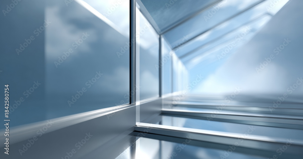 Obraz premium Abstract architectural interior with reflective glass surfaces and metal beams creating a futuristic corridor with natural light and sky reflections