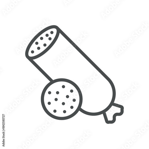 Salami Icon. Thin Line Illustration of a Cured Sausage with a Slice, Symbolizing Traditional Salami, Spiced Dry Meat and Italian Charcuterie. Isolated Outline Vector Sign.