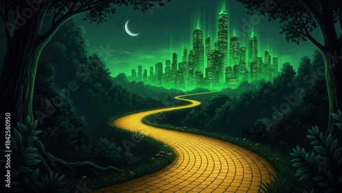 A magical journey on the yellow brick road toward the glowing green city at night