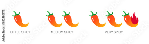 Spice Level Labels Icons Set. Little, Medium, Very Spicy Pepper Marks for Food Menu and Packaging. Gradient Vector Pack.

