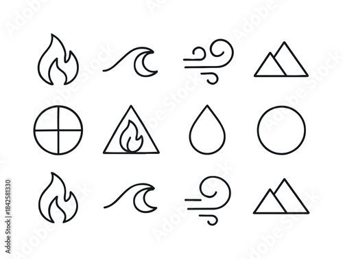 Four Element Icons. Four elements. Line icon set of four element