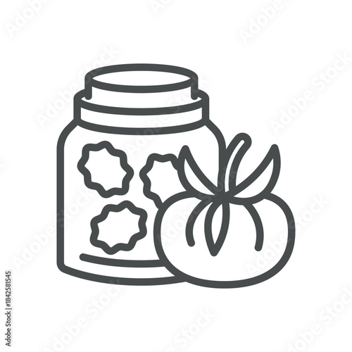 Dried Tomatoes Icon. Thin Line Illustration of a Jar Filled with Dried Tomato Pieces Beside a Fresh Tomato, Symbolizing Preserved Vegetables, Mediterranean Cuisine and Gourmet Ingredients. 