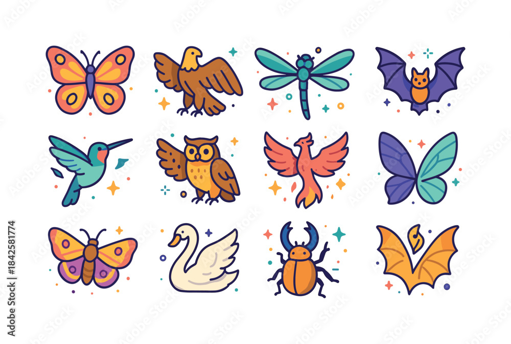 Fototapeta premium Colorful Winged Icons. Winged Creatures. Colorful isometric vect